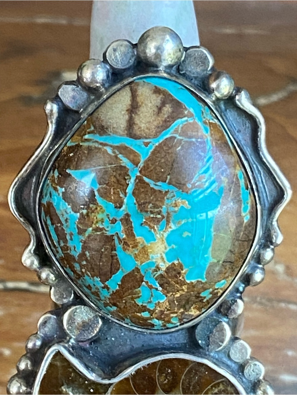 Fossil Ammonite & Turquoise Sterling Statement Ring - Picture 2 of 8